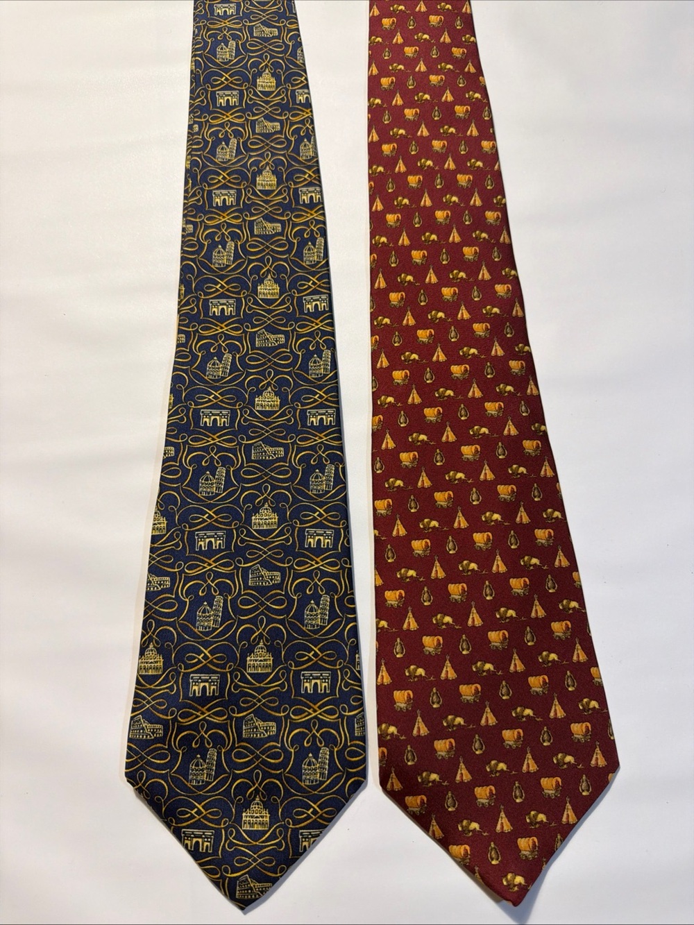 Salvatore Ferragamo 2 100% Silk Ties Red Oregon Trail Italy & Navy With Building